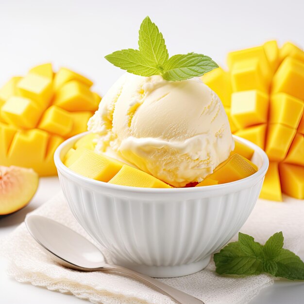 Une délicieuse crème glacée à la mangue dans une tasse sur fond blanc