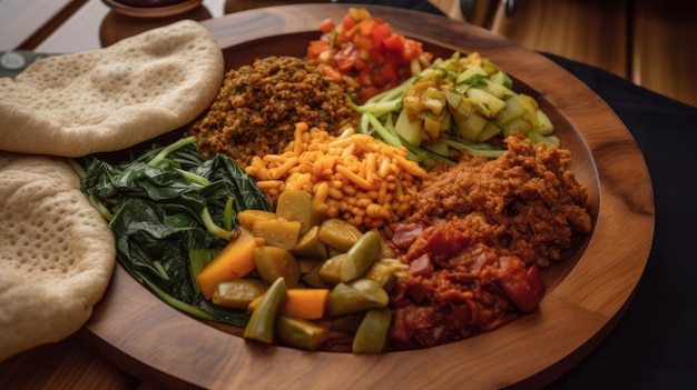 Photo délicieuse cuisine éthiopienne traditionnelle avec des légumes sur une surface en bois illustration ai generativexa