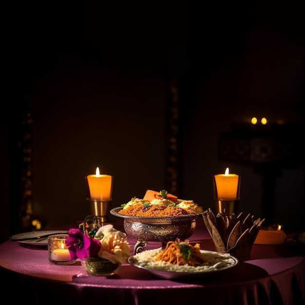 Photo délicieuse cuisine indienne sur une belle table avec des bougies