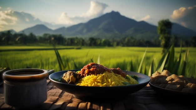 Délicieuse cuisine indonésienne traditionnelle sur table avec des rizières et des montagnes en arrière-plan de la campagne