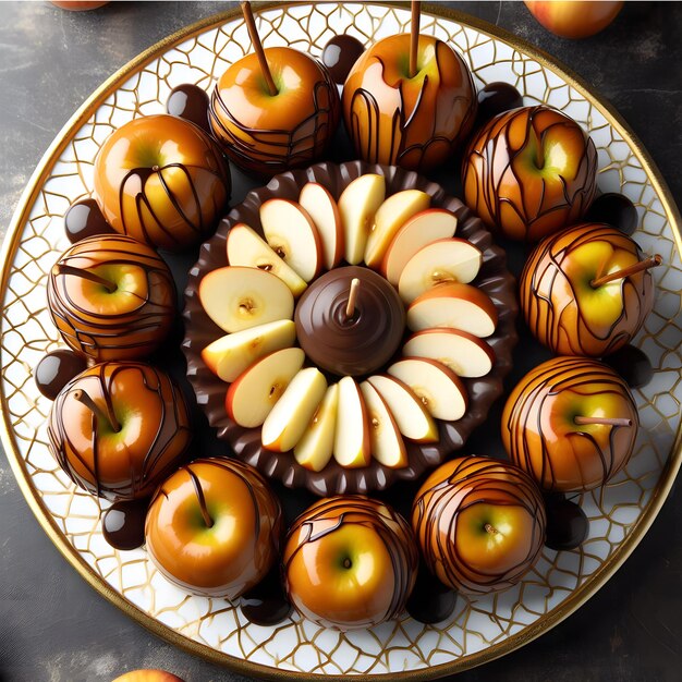 Délicieuse décoration de pommes au caramel sur une assiette conçue