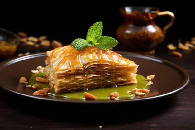 La délicieuse délicatesse du Moyen-Orient Baklava implique essentiellement une utilisation profonde du sucre C'est un sucré indulgent qui est largement savouré Générer Ai