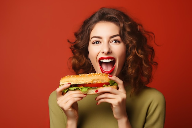 Une délicieuse délicatesse une jeune femme captivante se livrant à un sandwich à l'eau de bouche Vibrant 32 Col