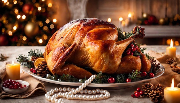 Photo délicieuse dinde rôtie avec une croûte croustillante pour le dîner de noël bougies de décoration de la maison un jour férié