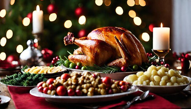 Photo délicieuse dinde rôtie avec une croûte croustillante pour le dîner de noël bougies de décoration de la maison un jour férié