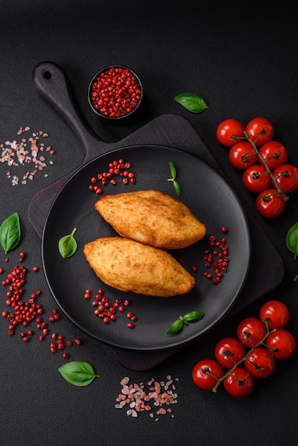 Délicieuse escalope de pomme de terre au four farcie de poulet et légumes épices et sel