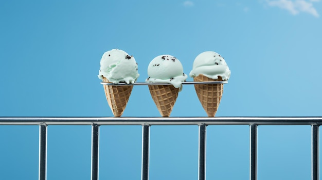 Une délicieuse glace sur une balustrade métallique sur un fond bleu.