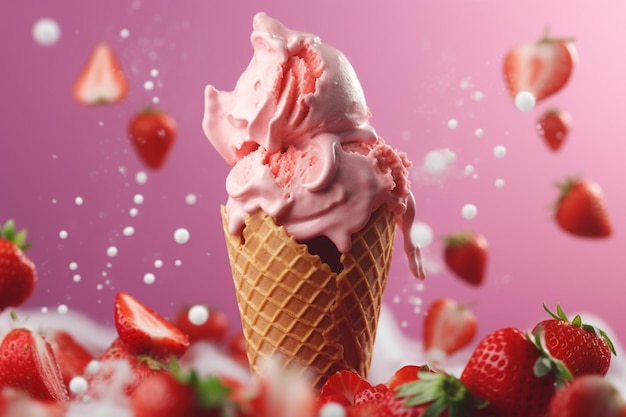 Photo délicieuse glace à la fraise en cône flottant