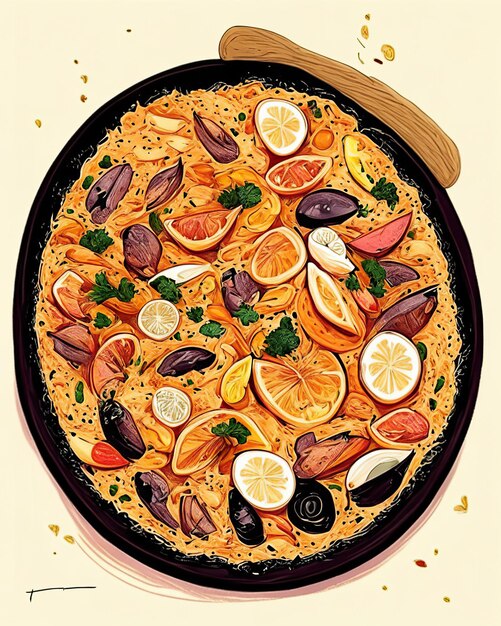 Photo délicieuse paella vue de dessus avec tous ses ingrédients gastronomiques