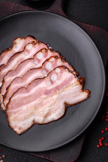 Photo délicieuse pancetta fraîche ou bacon avec sel et épices coupées en tranches minces