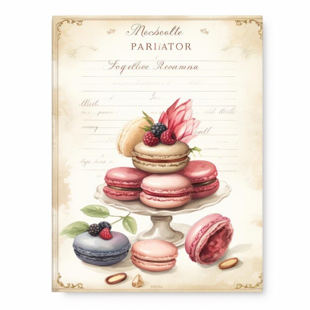 Photo une délicieuse pâtisserie offre des macarons célestes sur une carte de recettes 3x5