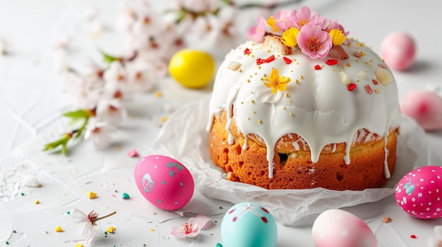 Une délicieuse pâtisserie de Pâques et des œufs sur un fond blanc.