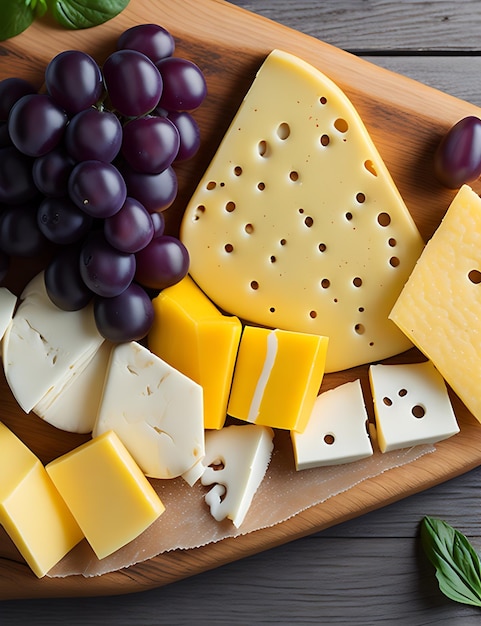 Délicieuse photographie de fromage mélange plat avec raisins et espace de copie