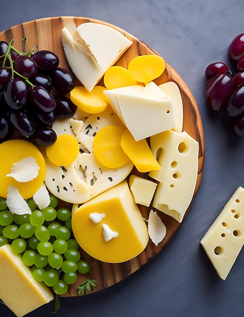 Délicieuse photographie de fromage mélange plat avec raisins et espace de copie