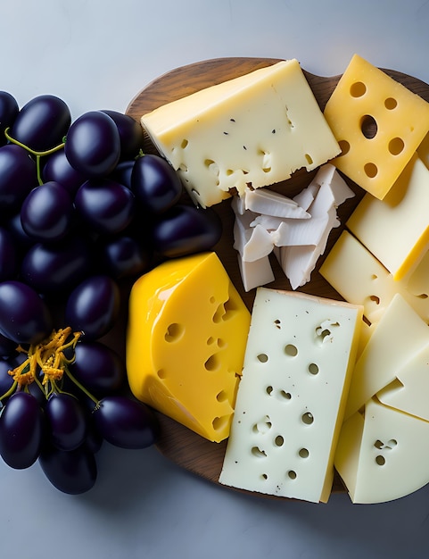 Délicieuse photographie de fromage mélange plat avec raisins et espace de copie