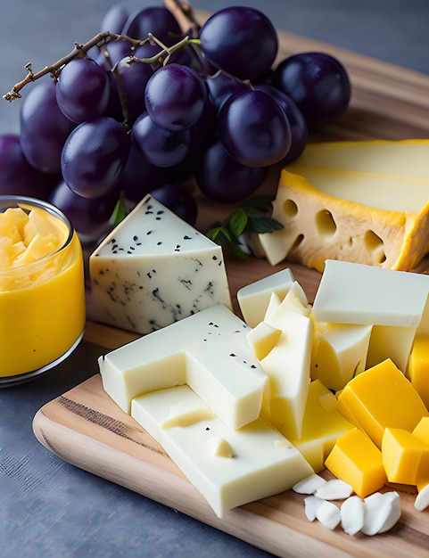 Délicieuse photographie de fromage mélange plat avec raisins et espace de copie
