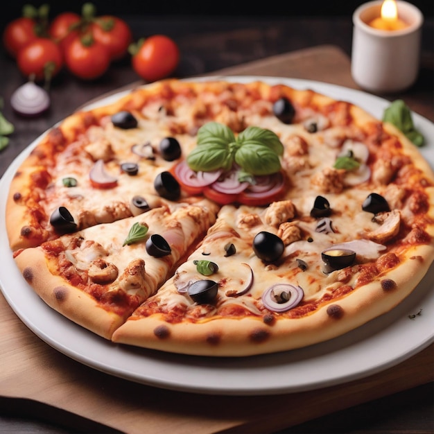 une délicieuse pizza sur une assiette, une pizza au fromage sur un fond noir