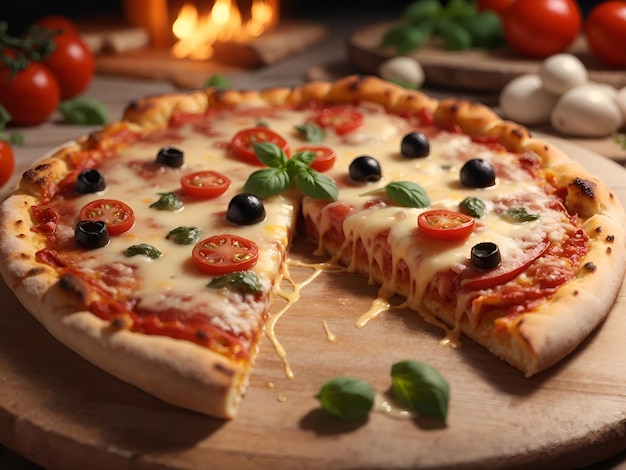Délicieuse pizza au fromage mozzarella sur planche de bois gros plan