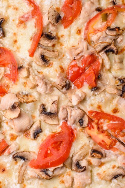 Délicieuse pizza au poulet tomates et fromage avec sel et sauce