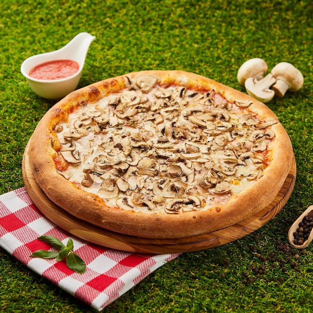 Délicieuse pizza aux champignons et fredonner sur l'herbe verte
