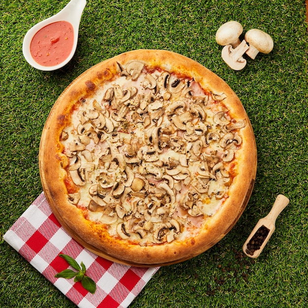Délicieuse pizza aux champignons et fredonner sur l'herbe verte