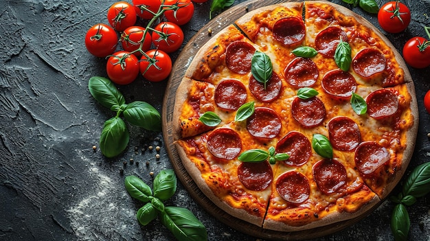 Une délicieuse pizza aux pepperoni sur un fond sombre, une pizza aux saucisses, une pizza à pepperoni italienne dans une pizzeria.