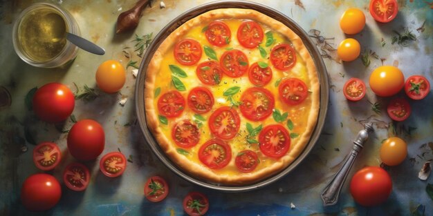 Une délicieuse pizza avec une croûte recouverte de tomates et cuite à la perfection