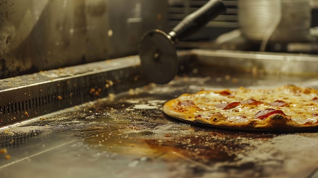 Photo une délicieuse pizza sur un four chaud la pizza est faite avec une croûte mince surmontée de pepperoni au fromage fondu et d'autres garnitures