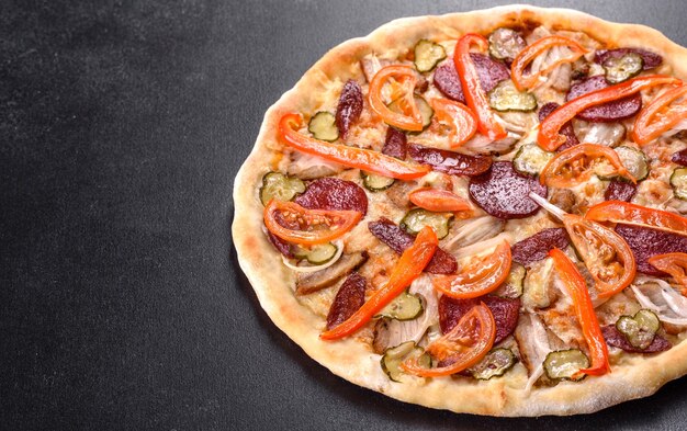 Délicieuse pizza fraîche faite dans un four à sole avec saucisses, poivrons et tomates. Cuisine méditerranéenne