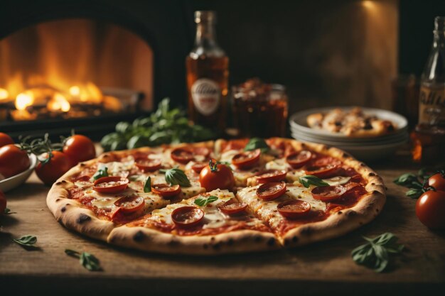 Une délicieuse pizza fraîche servie sur une table en bois.