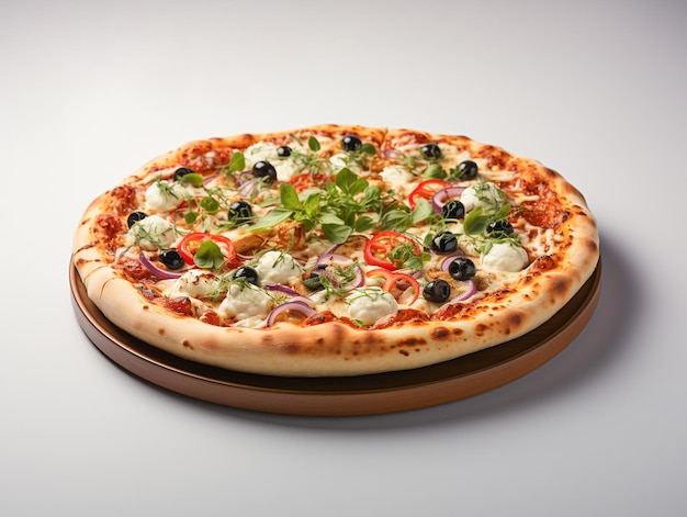 Une délicieuse pizza italienne au fond blanc.