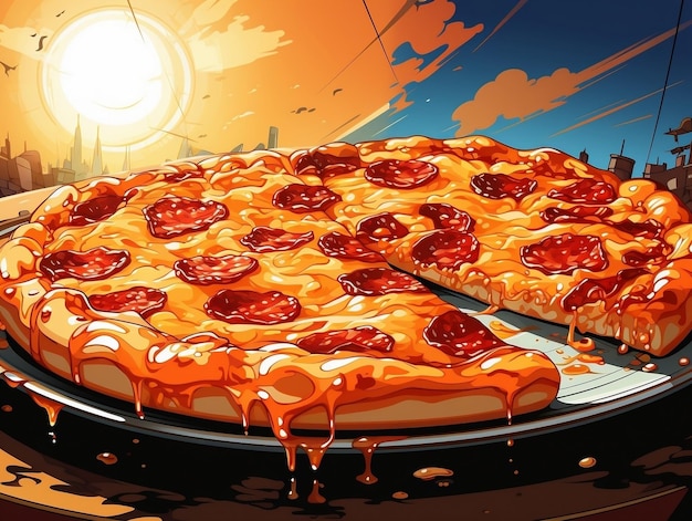 Une délicieuse pizza italienne au pepperoni dans le style des dessins animés sur un fond d'art pop rétro