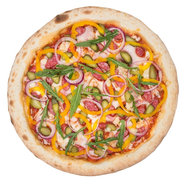 Délicieuse pizza italienne classique originale avec oignons et salami Vue de dessus isolée sur blanc