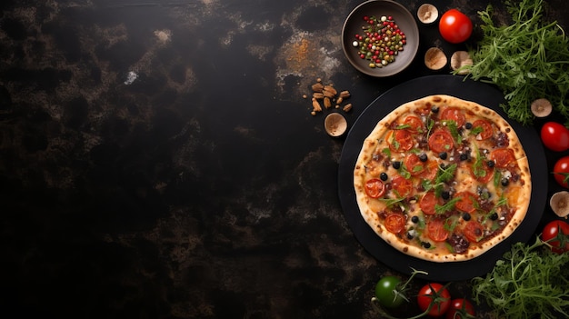 Une délicieuse pizza sur une pierre noire. Ingrédients appétissants. Espace vide pour le texte.