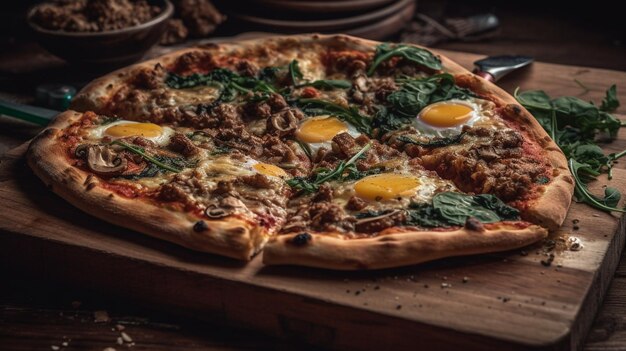 Photo une délicieuse pizza sur une planche de bois avec un fond noir