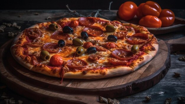 Une délicieuse pizza sur une planche de bois avec un fond noir