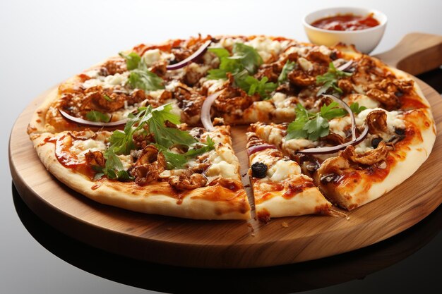 Une délicieuse pizza servie sur une assiette en bois isolée sur un fond blanc.