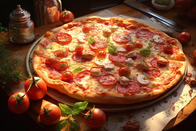 Une délicieuse pizza servie sur la table.