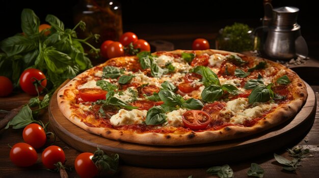 Une délicieuse pizza avec des tomates, du basilic et du fromage.