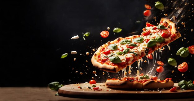 Photo délicieuse pizza avec des tomates, des feuilles de citron et du poivre. arrière-plan sombre avec effet de feu.