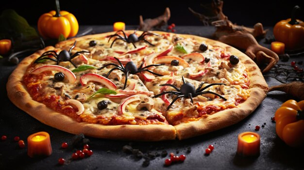 Une délicieuse pizza avec un tour d'araignée effrayant sur une table IA générative