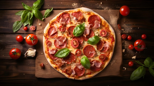 délicieuse pizza traditionnelle italienne avec du jambon de tomate sur fond de bois