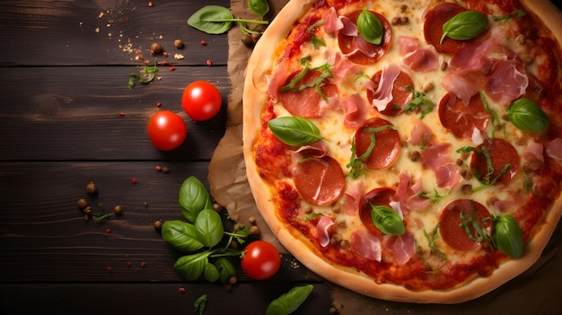 délicieuse pizza traditionnelle italienne avec du jambon de tomate sur fond de bois