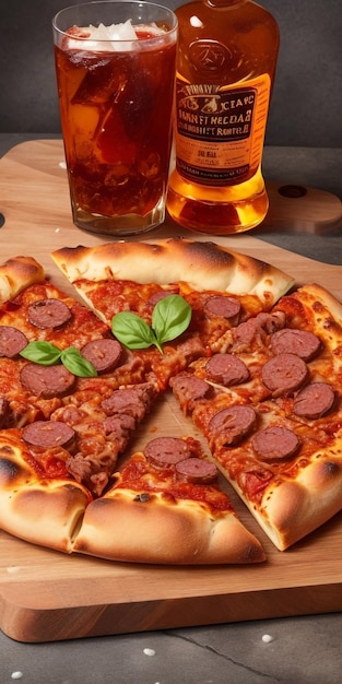 une délicieuse pizza à la viande accompagnée d'un verre de whisky sur glace