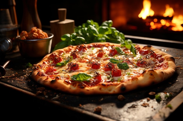 délicieuse pizza avec de la viande et des légumes sur une table en bois au restaurant