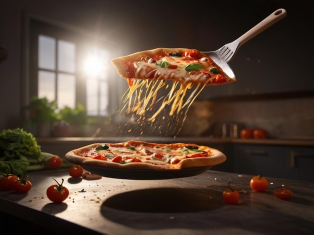 Délicieuse pizza volant hors de la poêle à frire dans l'air dans la cuisine