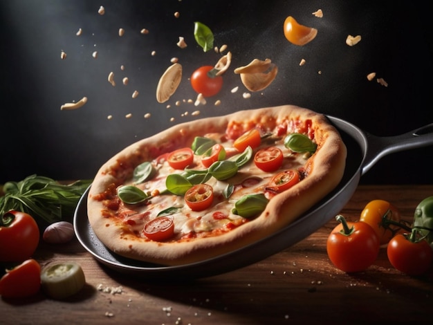 Délicieuse pizza volant hors de la poêle à frire dans l'air dans la cuisine