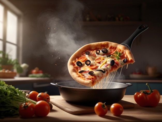 Délicieuse pizza volant hors de la poêle à frire dans l'air dans la cuisine