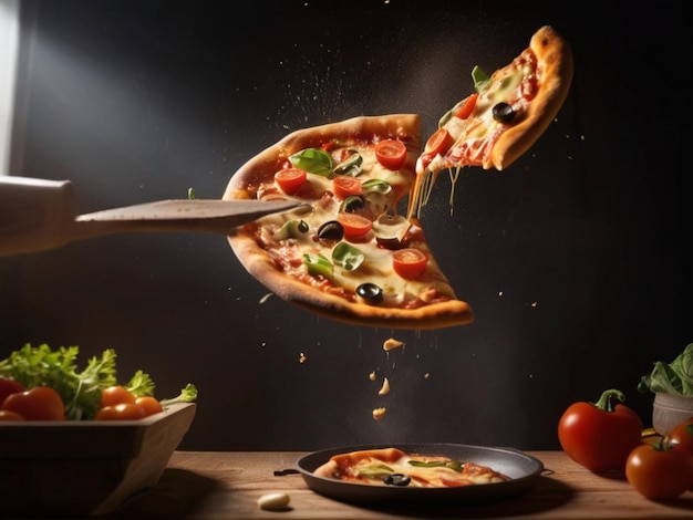 Délicieuse pizza volant hors de la poêle à frire dans l'air dans la cuisine