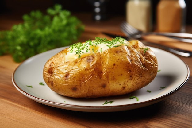 Une délicieuse pomme de terre au four sur une assiette blanche.